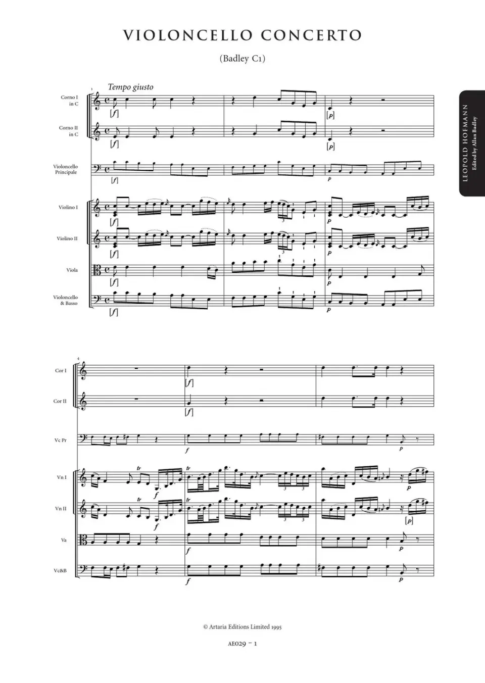 Artaria Hofmann Cellokonzert C-Dur Badley C1 Noten