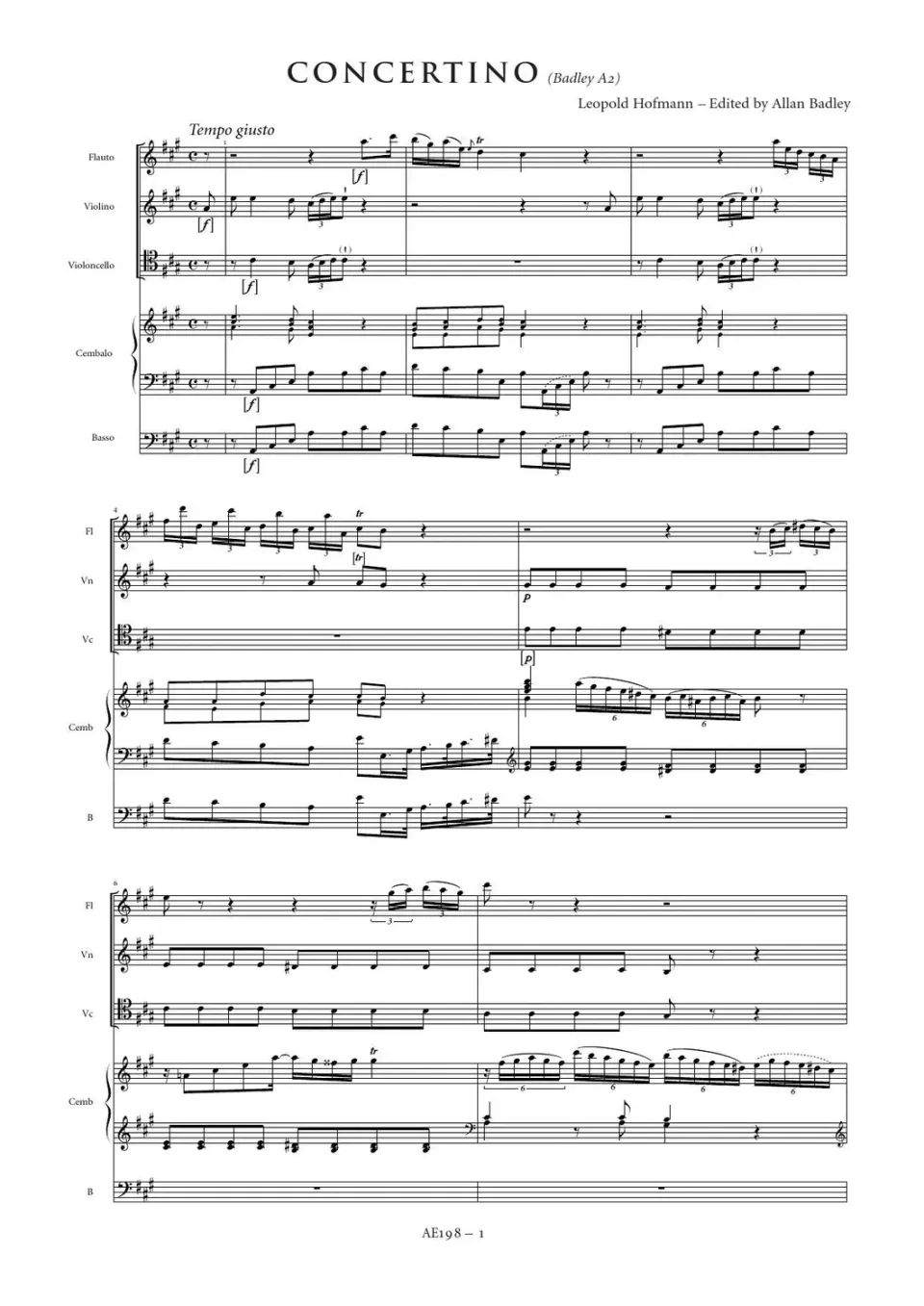 Artaria Hofmann Concertino A-Dur Badley A2 Partitur und Stimmen