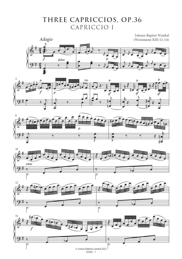 Artaria Wanhal Three Capriccios for the Pianoforte Op.36 Klaviernoten