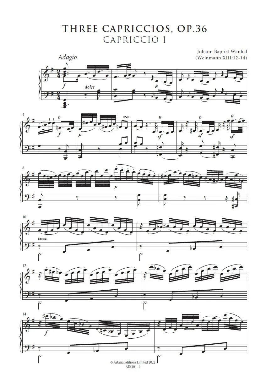Artaria Wanhal Three Capriccios for the Pianoforte Op.36 Klaviernoten