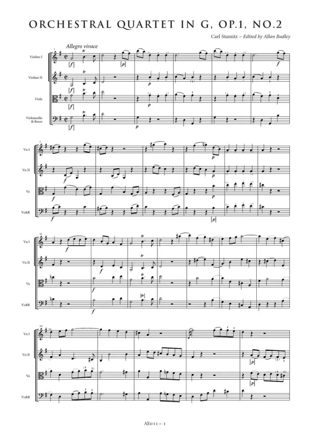 Artaria Stamitz Orchesterquartett G-Dur op.1 Nr.2 Noten Ausgabe