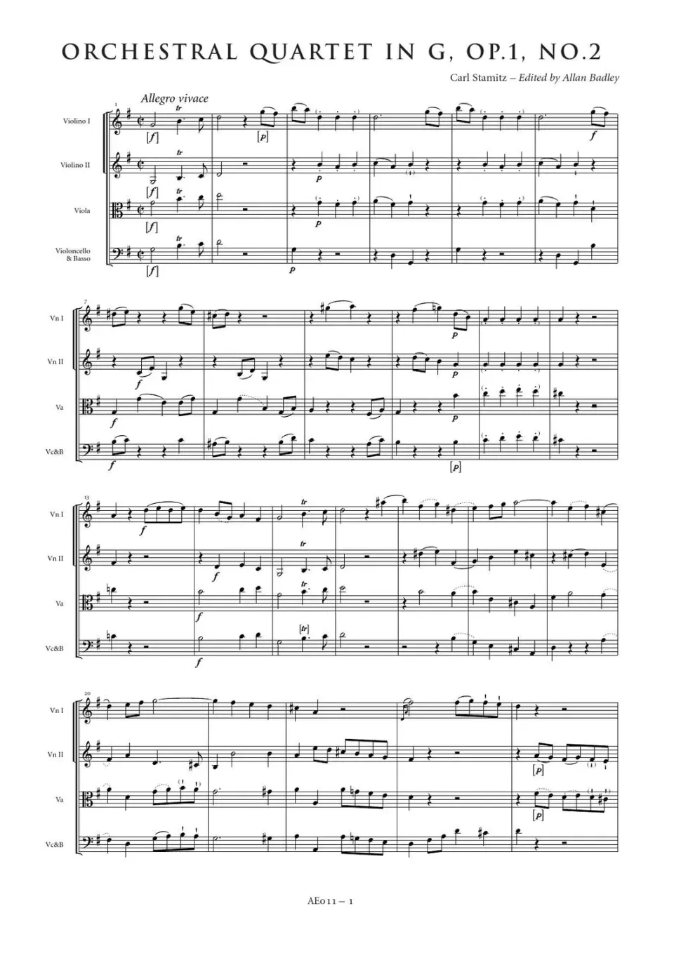 Artaria Stamitz Orchesterquartett G-Dur op.1 Nr.2 Noten Ausgabe