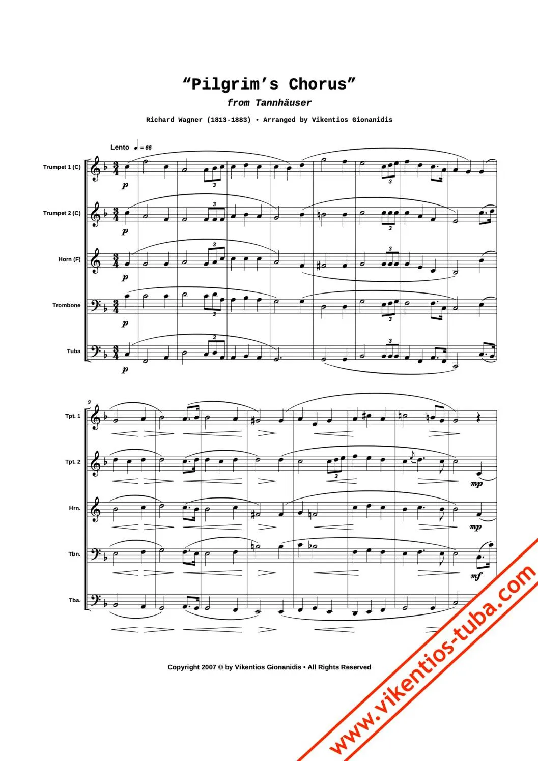 Vikentios Gionanidis Pilgerchor Tannhäuser Noten Blechbläserquintett