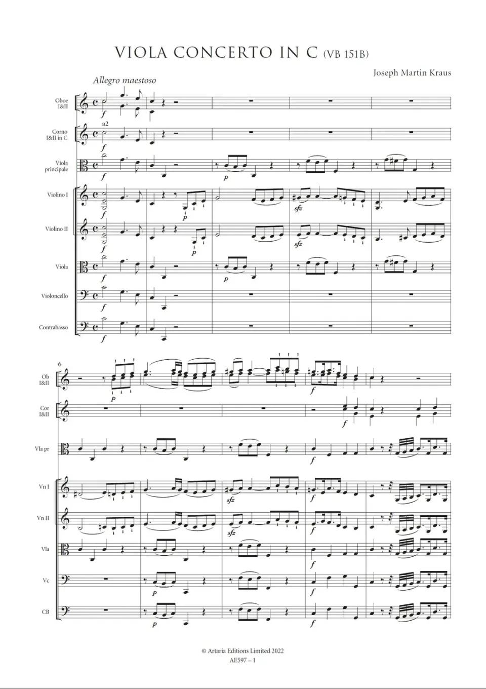 Artaria Kraus Viola Concerto in C major VB 151b Bratschenkonzert