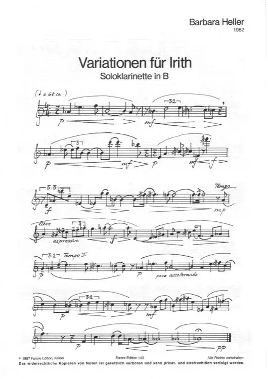 Furore Edition Variationen für Irith Noten für Klarinette