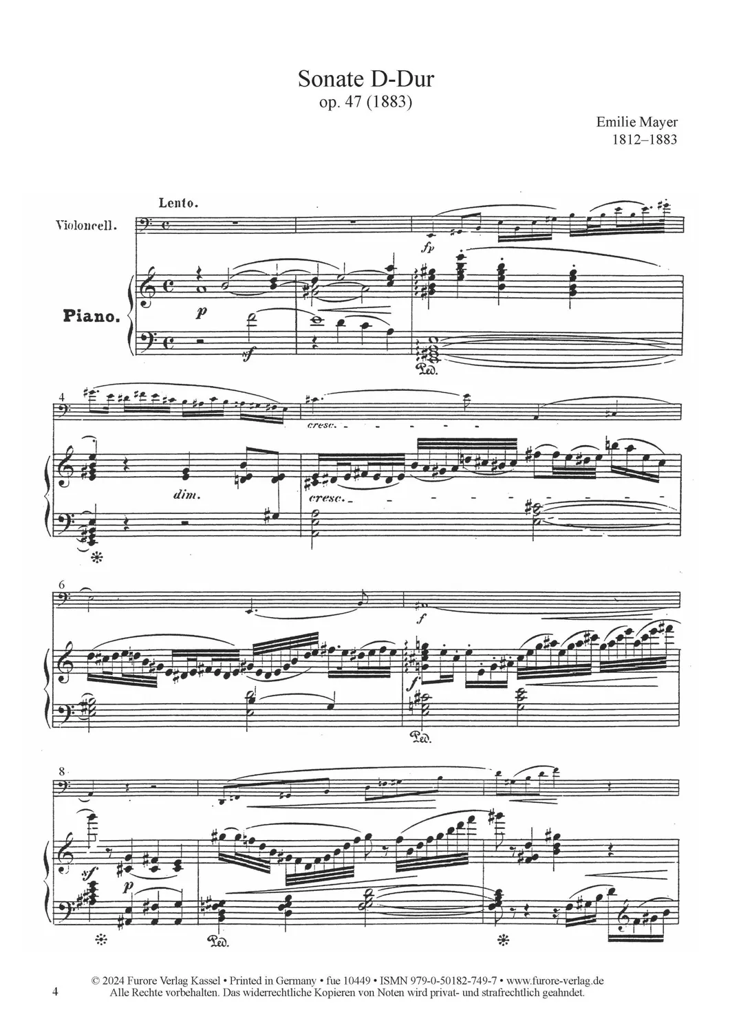 Furore Edition Sonate D-Dur op. 47 für Violoncello und Klavier Noten
