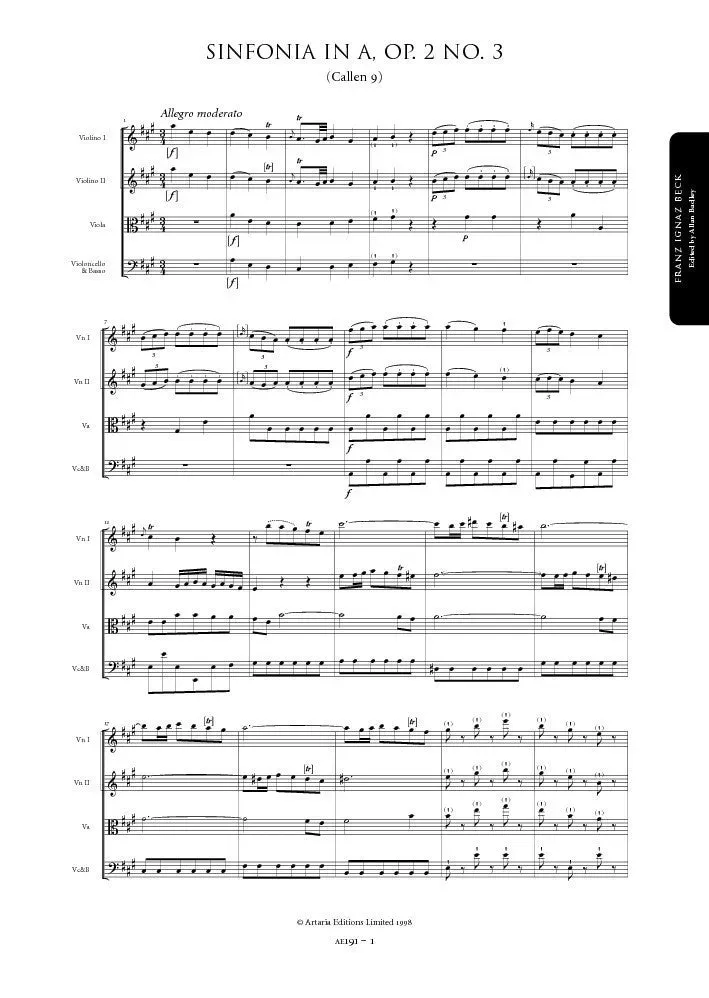 Artaria Beck Symphony in A major, Op. 2, No. 3 (Callen 9) Partitur